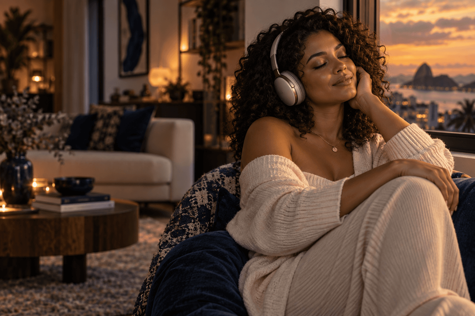 Mulher ouvindo música com fones em um ambiente acolhedor